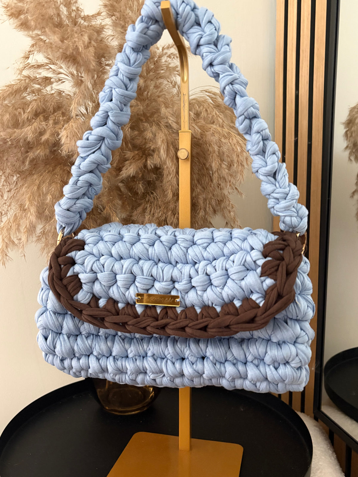Blue & brown fold over bag